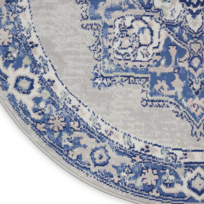 8' Ivory Blue and Gray Floral Round Rug