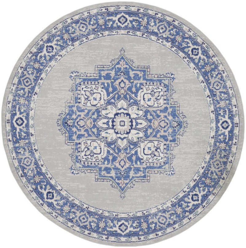 8' Ivory Blue and Gray Floral Round Rug