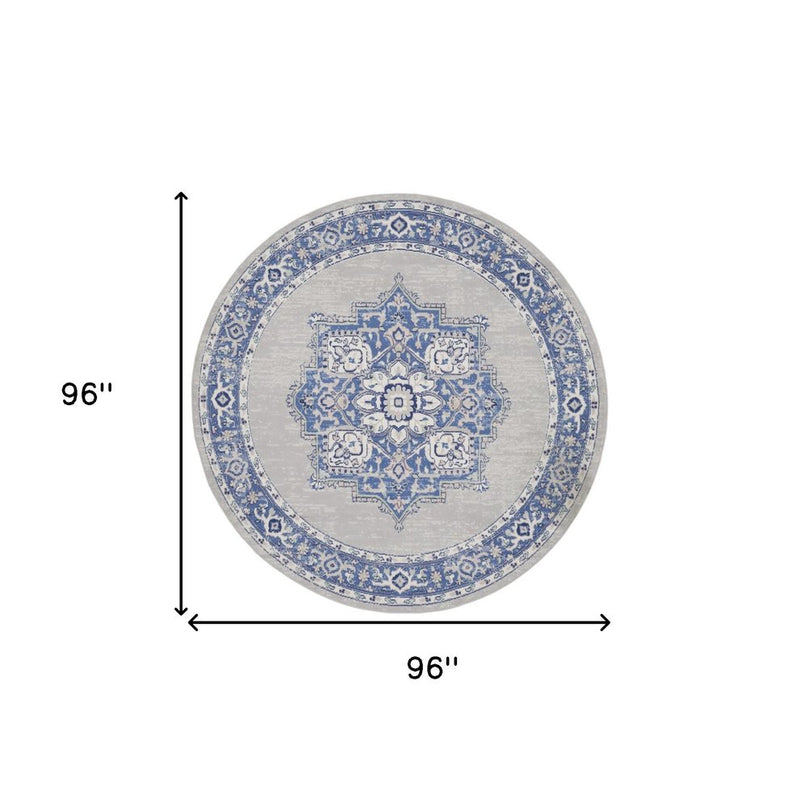 8' Ivory Blue and Gray Floral Round Rug
