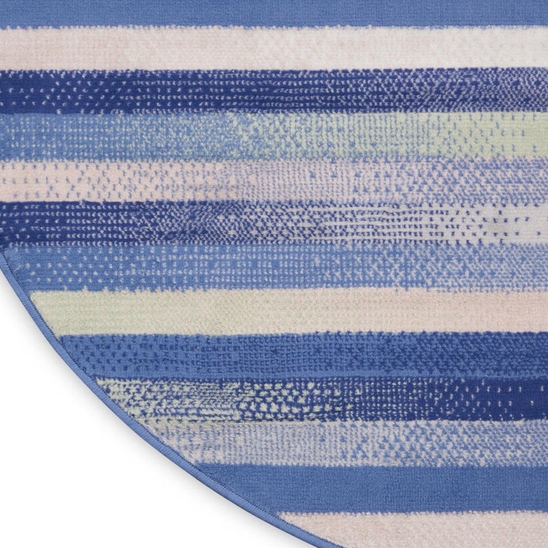 8' Ivory Tan and Blue Striped Round Rug