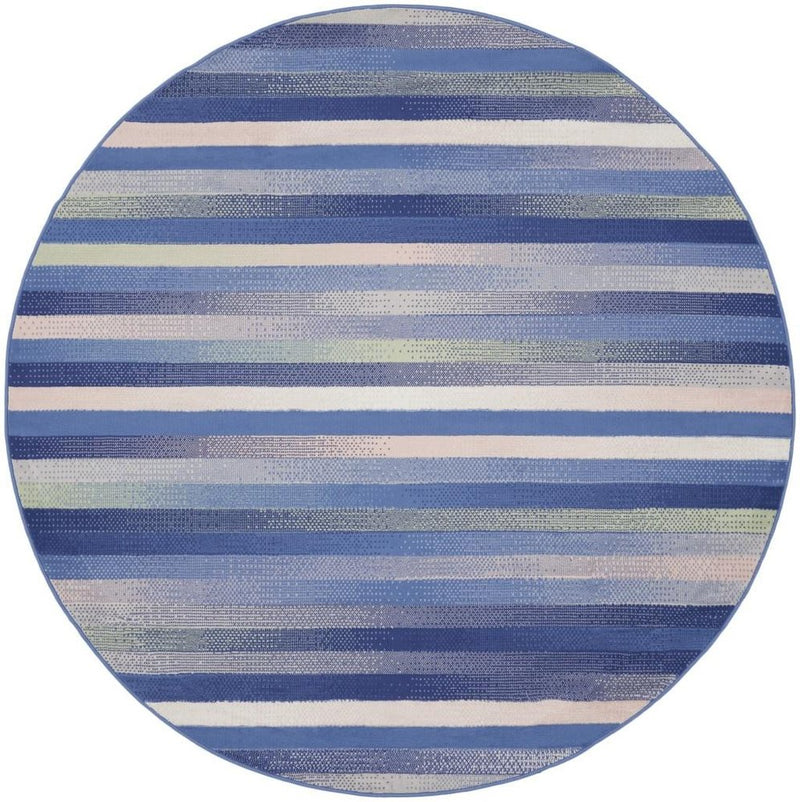 8' Ivory Tan and Blue Striped Round Rug