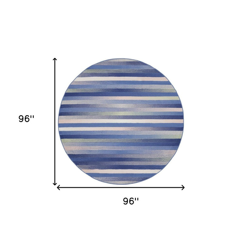 8' Ivory Tan and Blue Striped Round Rug