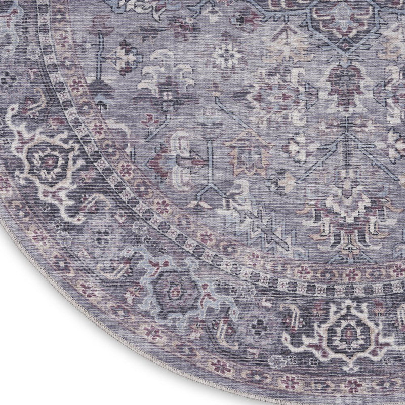 8' Gray Round Floral Power Loom Distressed Area Rug