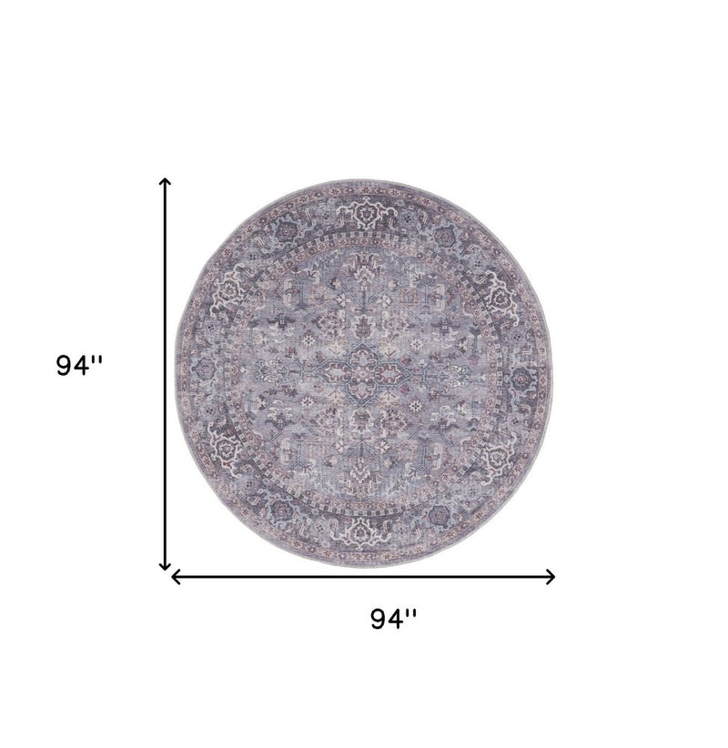 8' Gray Round Floral Power Loom Distressed Area Rug