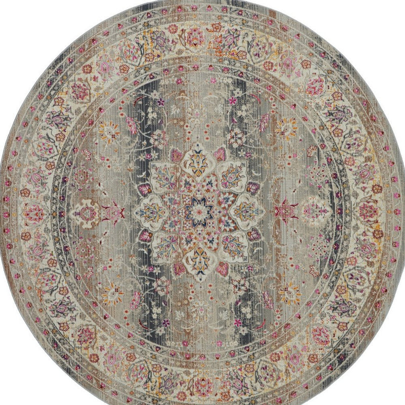 6' Ivory Brown And Gray Floral Distressed Round Rug