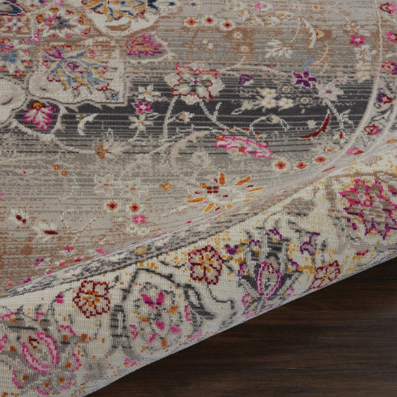6' Ivory Brown And Gray Floral Distressed Round Rug