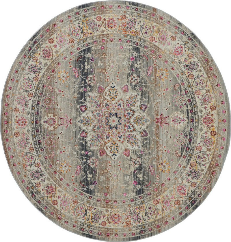 6' Ivory Brown And Gray Floral Distressed Round Rug