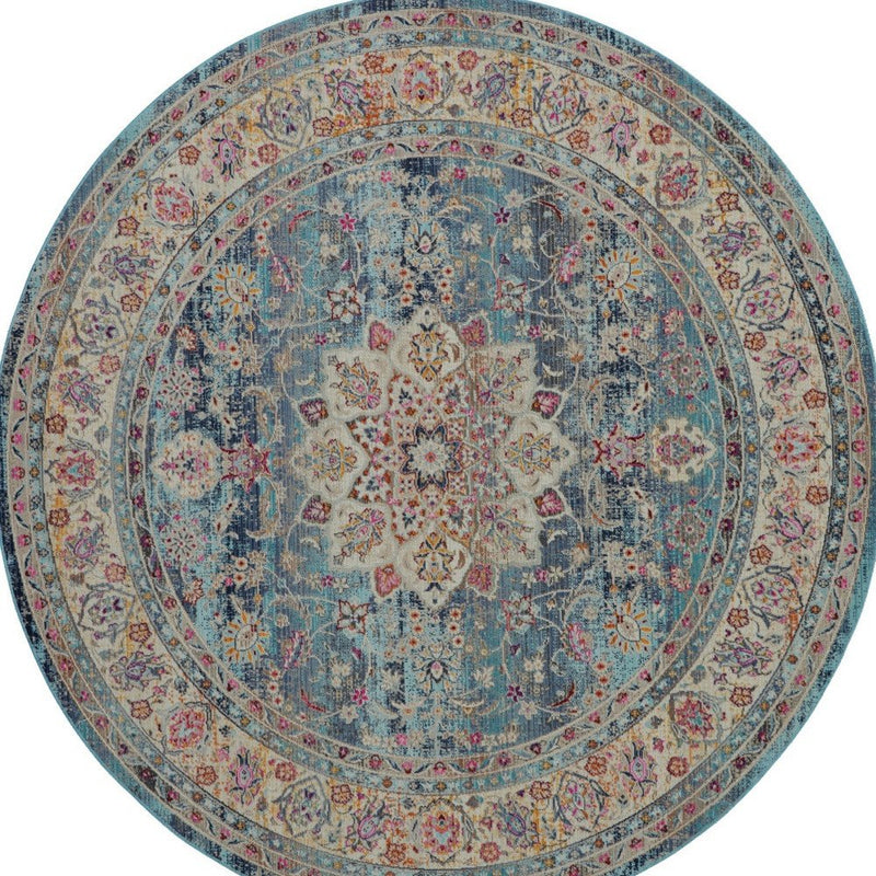 4' X 6' Blue and Beige Floral Distressed Area Rug