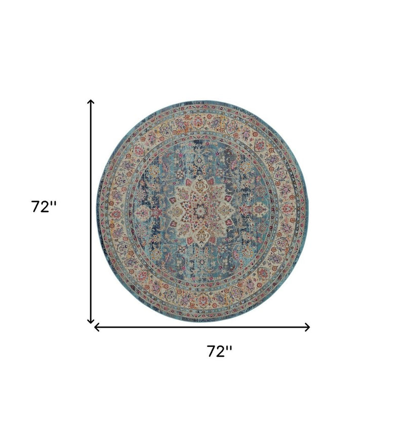4' X 6' Blue and Beige Floral Distressed Area Rug