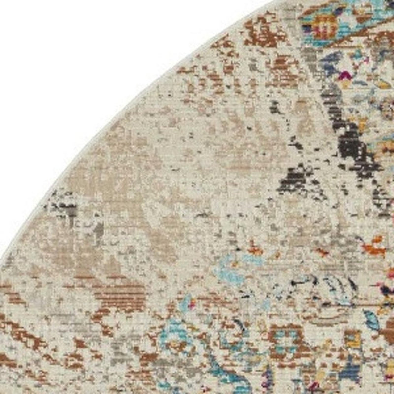 6' Ivory And Brown Floral Distressed Round Rug
