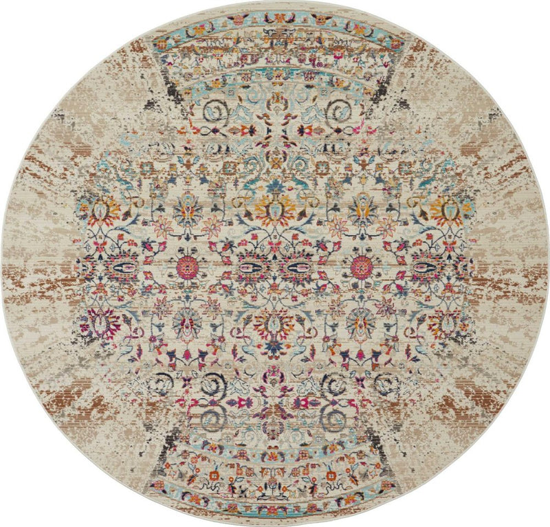 6' Ivory And Brown Floral Distressed Round Rug