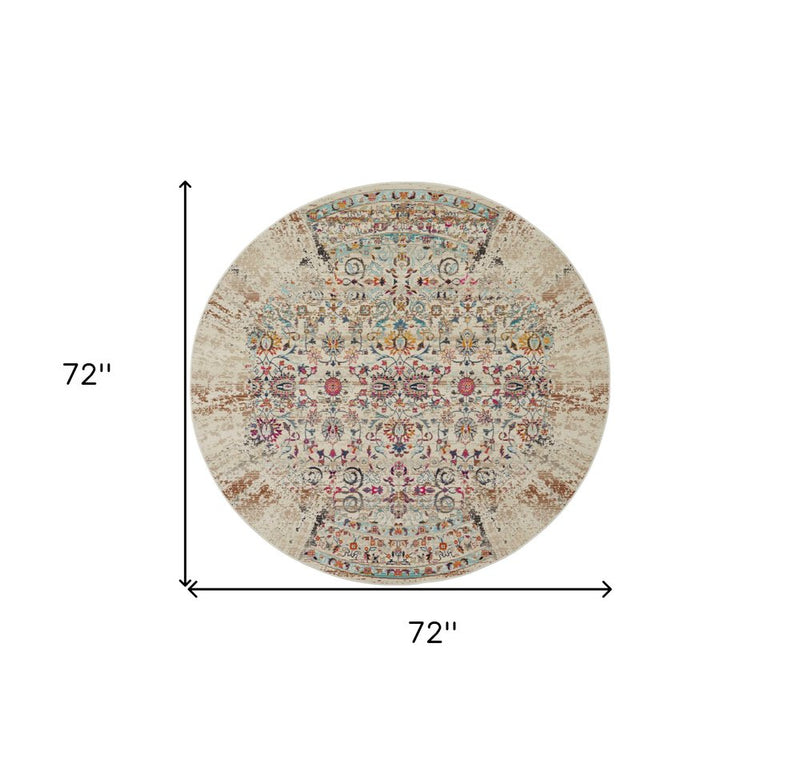 6' Ivory And Brown Floral Distressed Round Rug