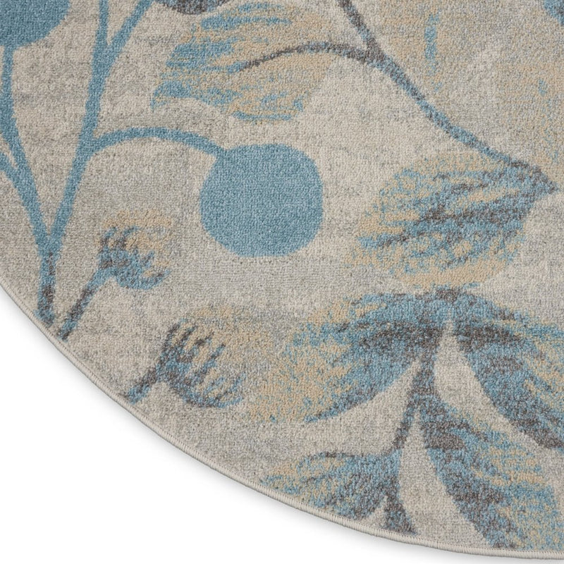5' Ivory And Turquoise Botanical Leaves Round Rug
