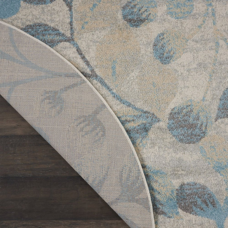 5' Ivory And Turquoise Botanical Leaves Round Rug