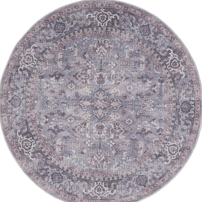 8' Gray Round Floral Power Loom Distressed Area Rug