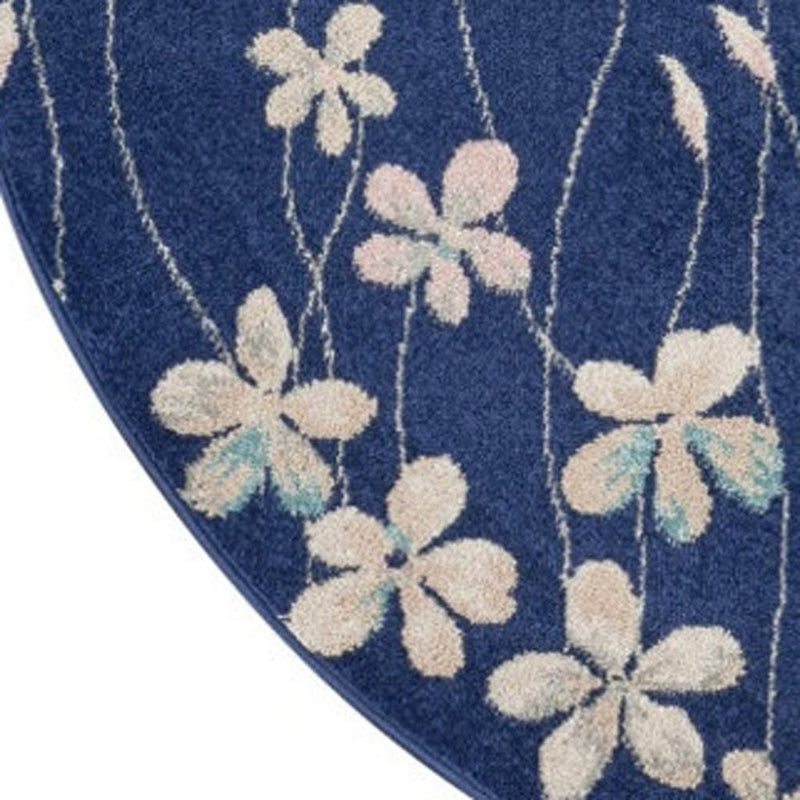 5' Navy Blue and Ivory Floral Round Rug