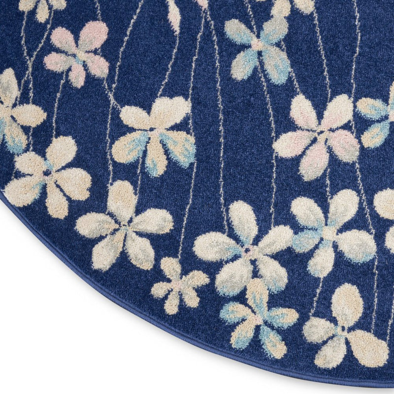 5' Navy Blue and Ivory Floral Round Rug