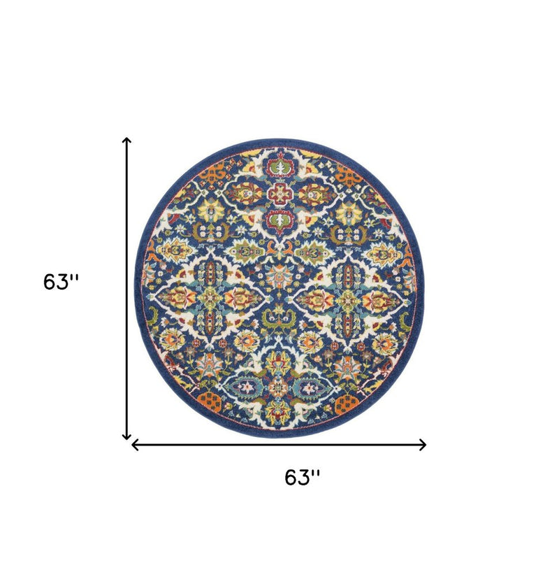 5' Blue Round Floral Power Loom Area Rug
