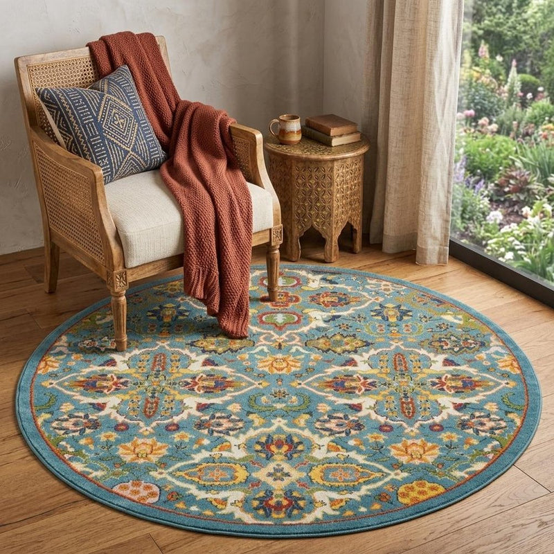 5' Teal and Ivory Round Floral Power Loom Area Rug