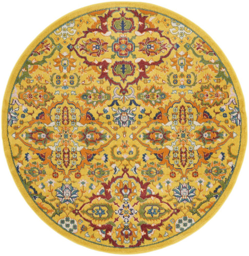 5' Yellow Round Floral Power Loom Area Rug