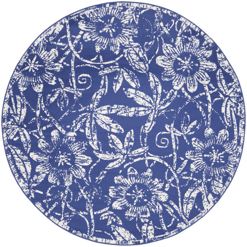 5' Blue And White Floral Distressed Round Rug