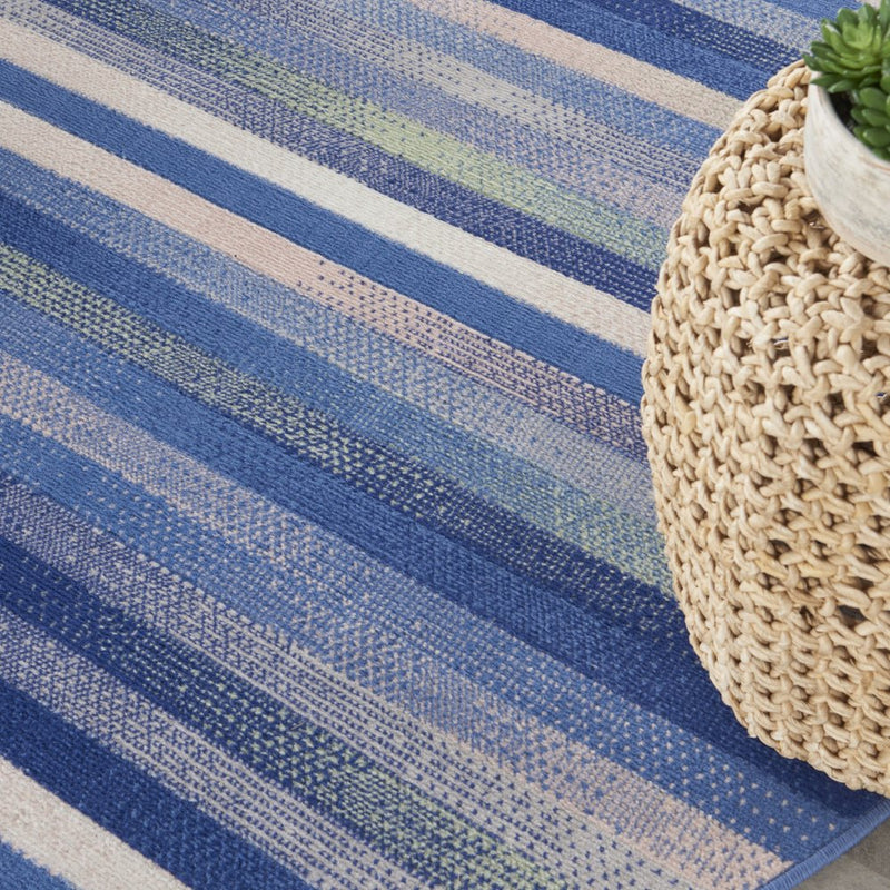 8' Ivory Tan and Blue Striped Round Rug