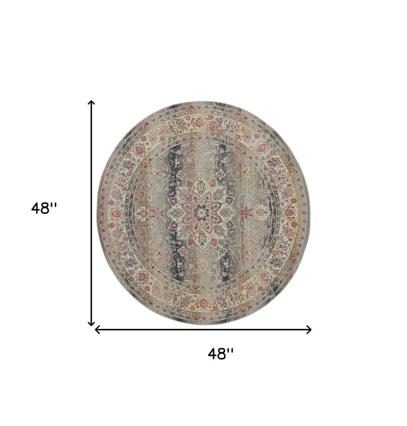 6' Ivory Brown And Gray Floral Distressed Round Rug