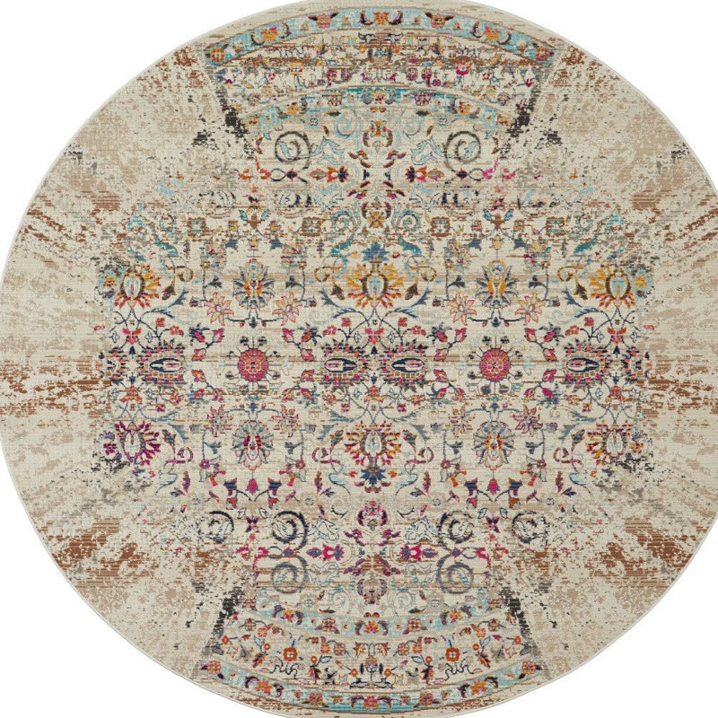 6' Ivory And Brown Floral Distressed Round Rug