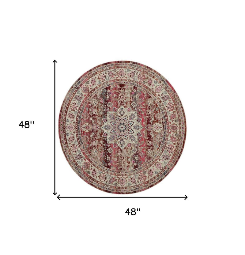 2' X 4' Ivory And Red Floral Distressed Area Rug