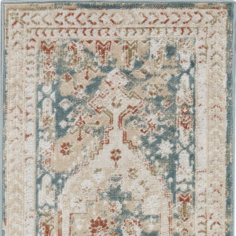 10' Ivory Green And Orange Oriental Non Skid Runner Rug