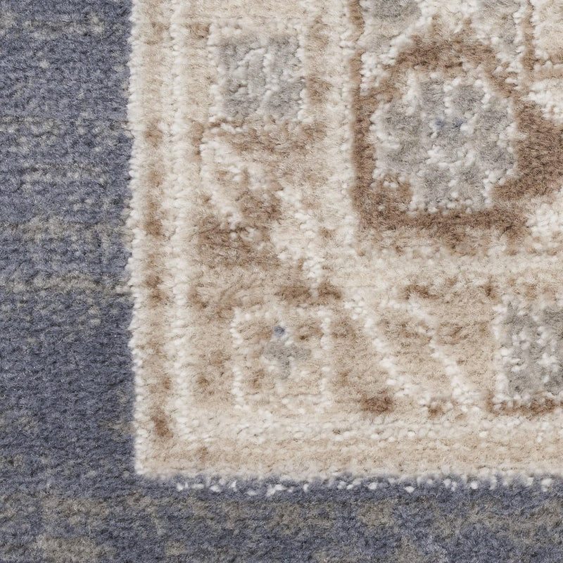 8' Ivory Blue And Brown Geometric Distressed Runner Rug