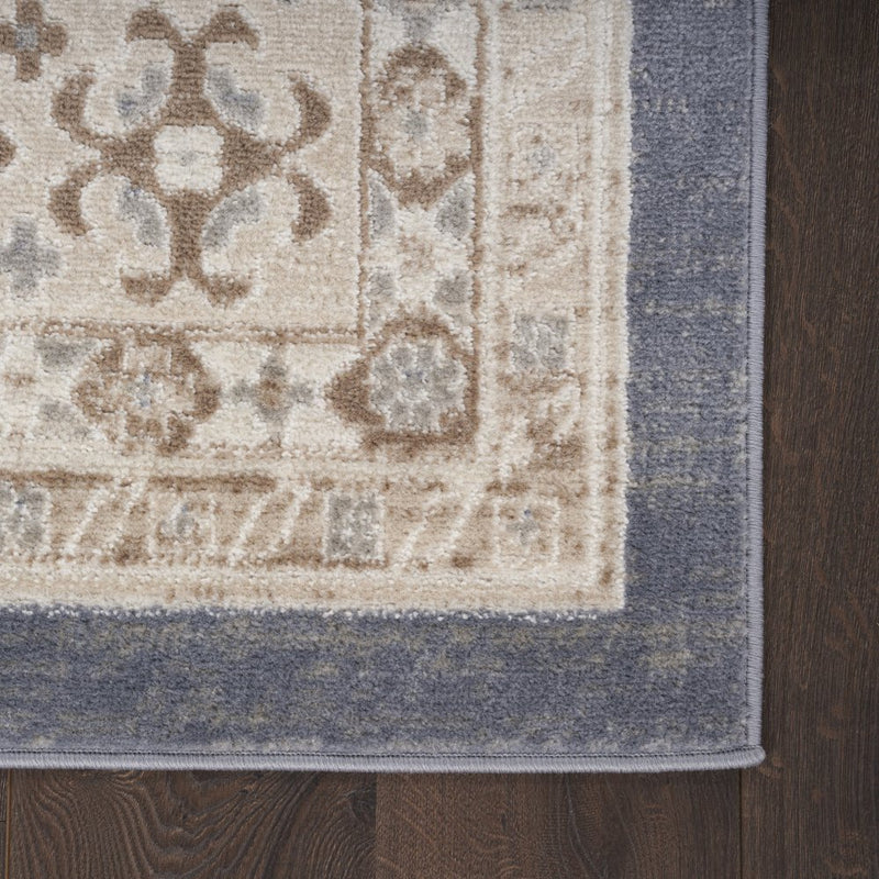 8' Ivory Blue And Brown Geometric Distressed Runner Rug