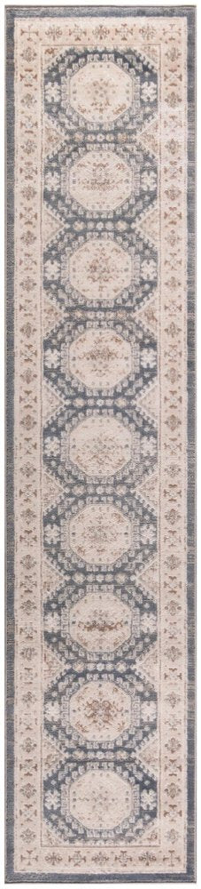 8' Ivory Blue And Brown Geometric Distressed Runner Rug