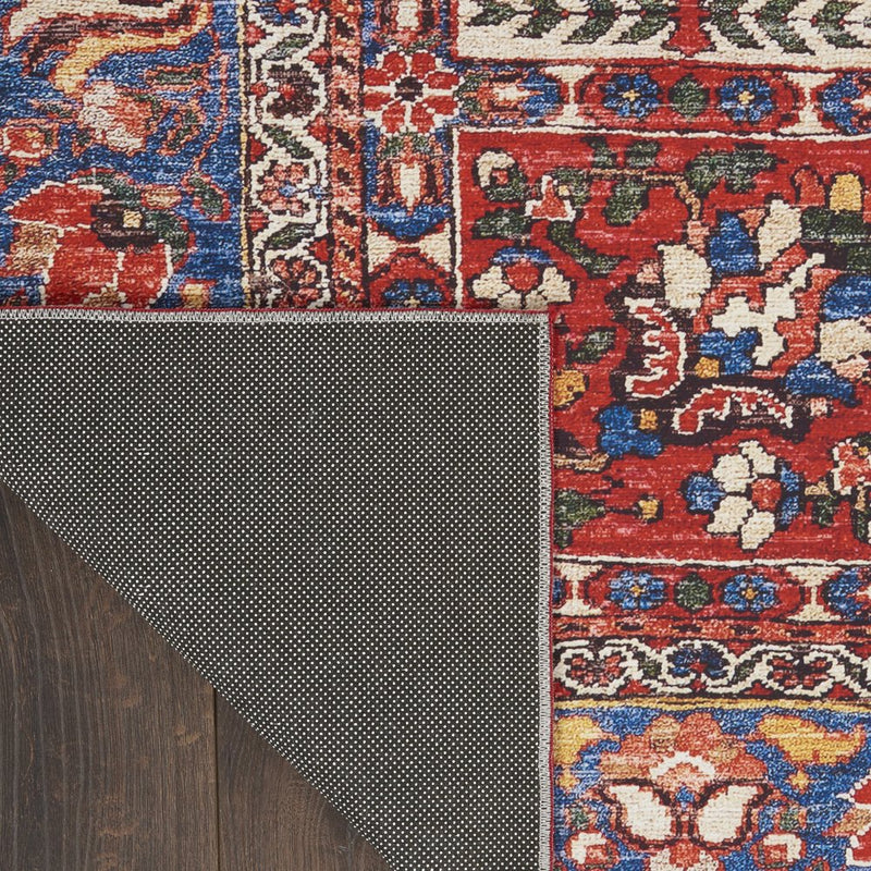8' Ivory Red And Blue Oriental Distressed Non Skid Runner Rug