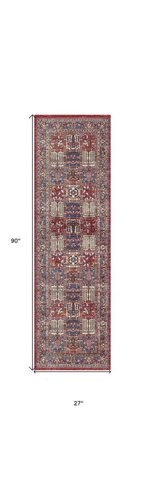 8' Ivory Red And Blue Oriental Distressed Non Skid Runner Rug