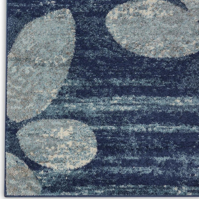 7' Navy Blue Light Blue and Gray Botanical Leaves Runner Rug