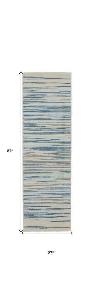 7' Ivory Blue and Gray Striped Runner Rug