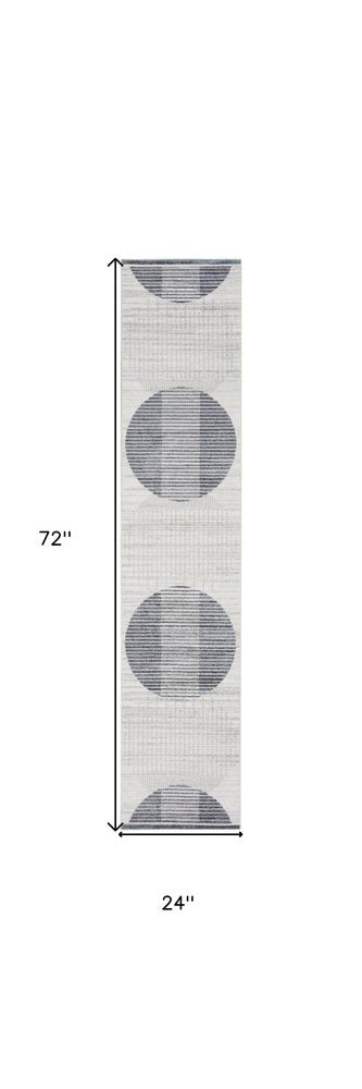 6' Ivory And Blue Geometric Runner Rug
