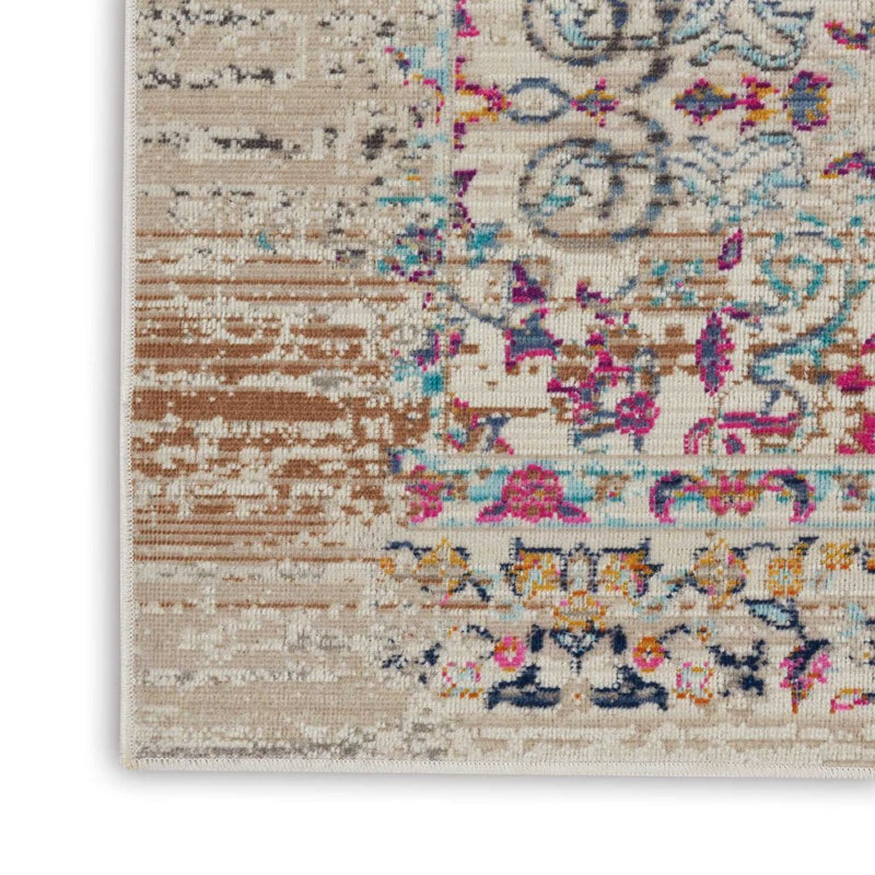 6' Ivory And Brown Floral Distressed Runner Rug