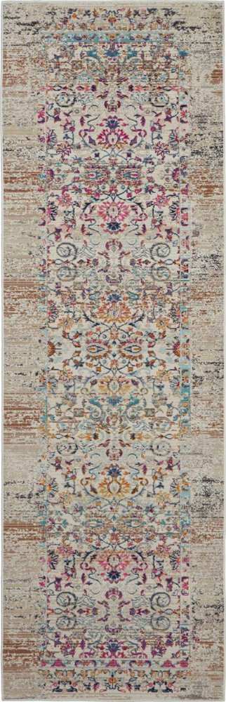 6' Ivory And Brown Floral Distressed Runner Rug