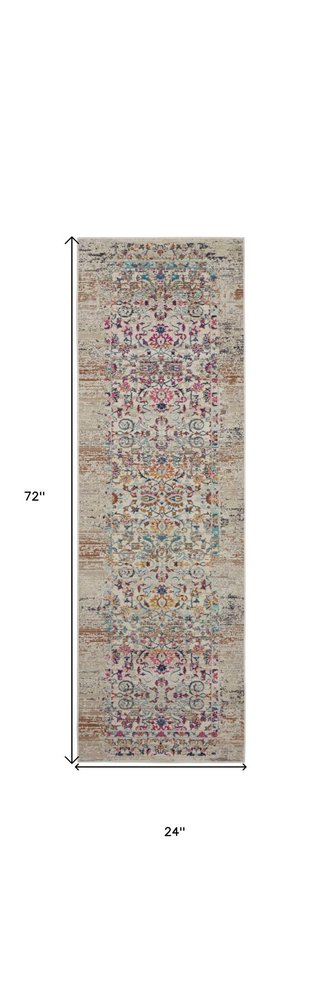 6' Ivory And Brown Floral Distressed Runner Rug