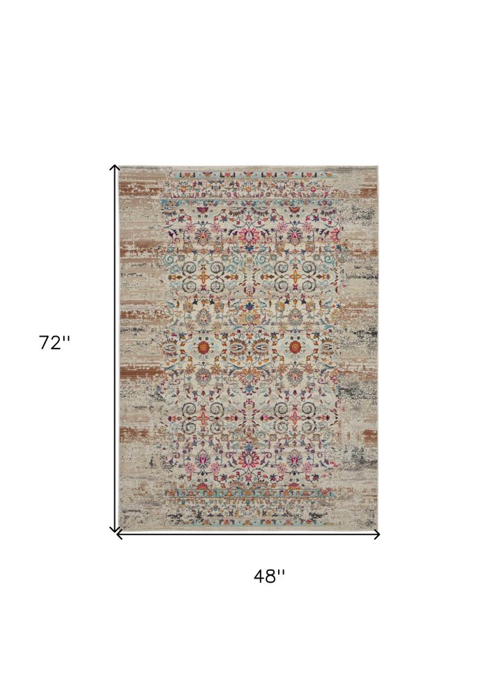 6' Ivory And Brown Floral Distressed Runner Rug
