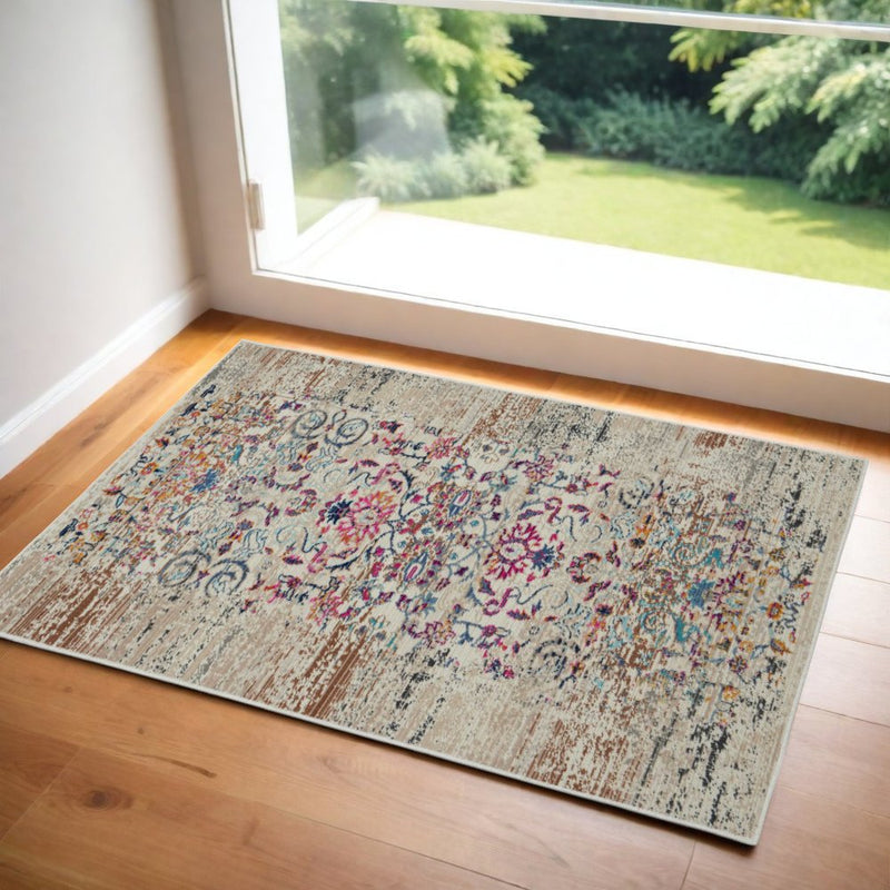 6' Ivory And Brown Floral Distressed Runner Rug