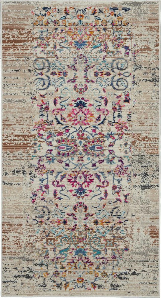 6' Ivory And Brown Floral Distressed Runner Rug