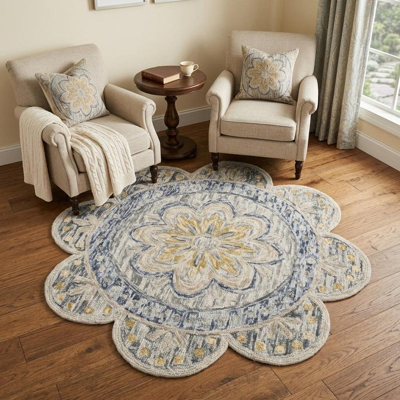 4' Beige Round Wool Floral Hand Tufted Area Rug