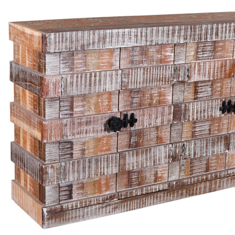60" Brown And White Distressed Reclaimed Wood Paneled Sideboard With Four Doors