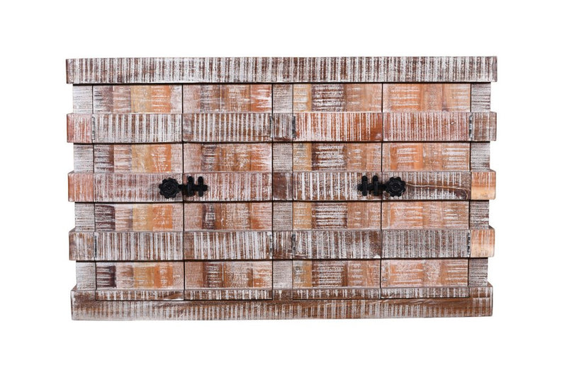 60" Brown And White Distressed Reclaimed Wood Paneled Sideboard With Four Doors