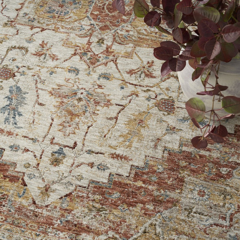 9' X 13' Rust And Ivory Floral Distressed Area Rug
