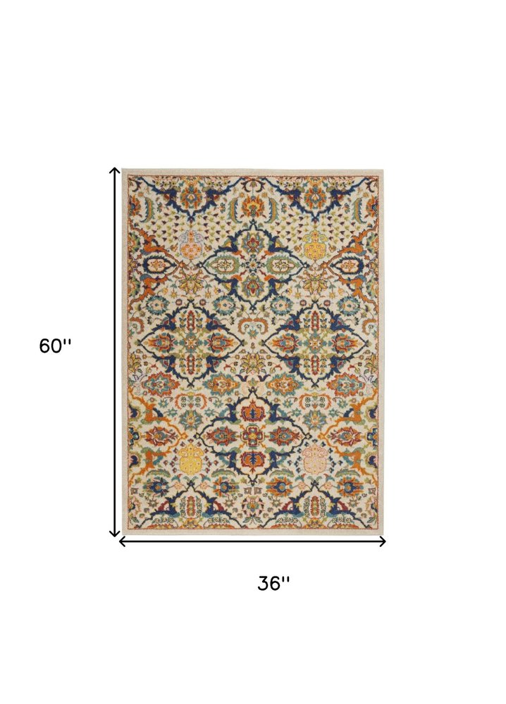 3' X 5' Beige and Blue Floral Power Loom Area Rug