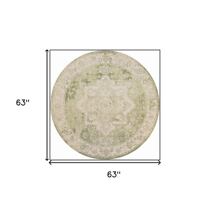 5' Beige And Green Floral Medallion Round Rug